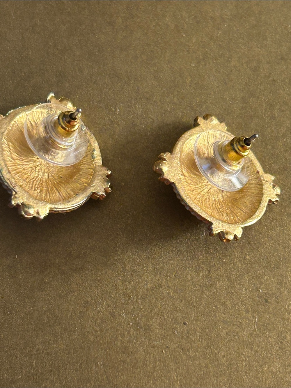 Earrings Renaissance look Goldtone ovals aqua blue cabochon & crystals. Pierced - Picture 6 of 7